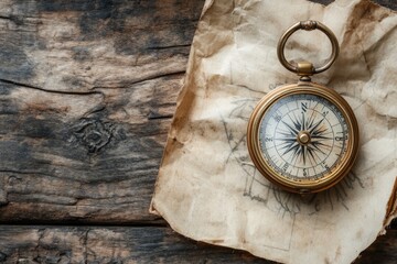 Old compass lying on treasure map on wooden table is showing the way forward to new adventures
