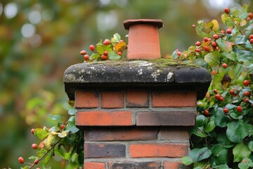 Red berries growing on vine climbing old brick chimney