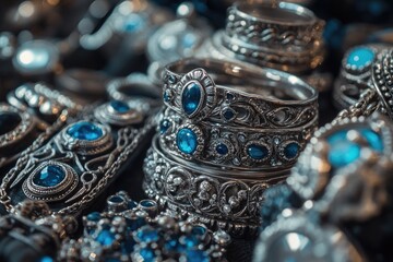 Close up of silver bracelets with blue gems on display for sale