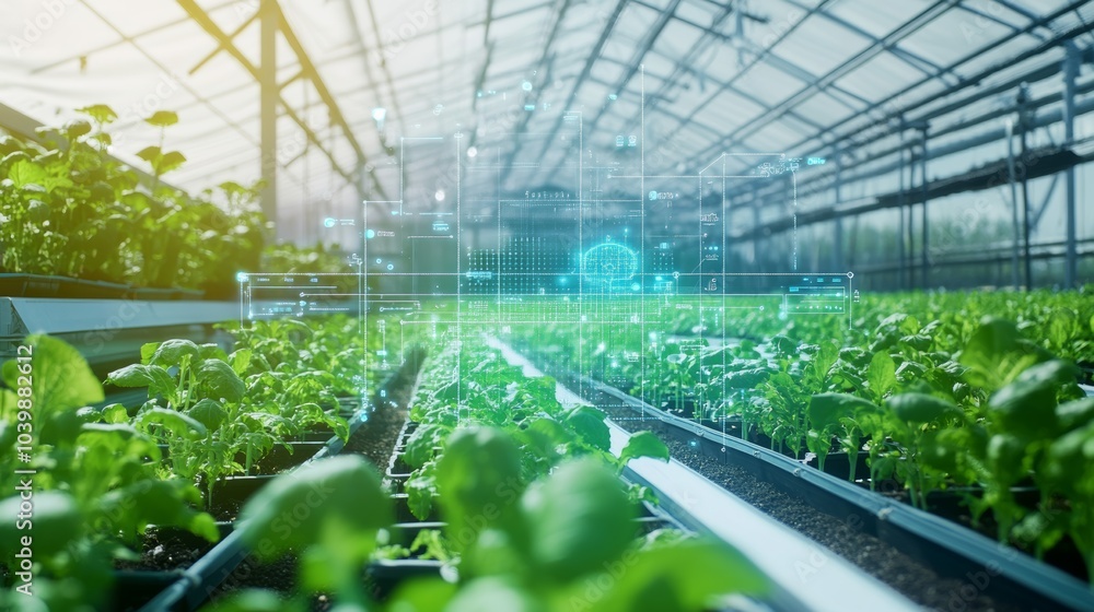 Aufkleber a futuristic ai-powered agriculture greenhouse with automated irrigation and crop monitoring systems