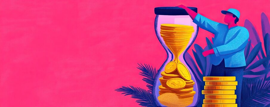 Person managing time and money with hourglass and coins, colorful background.