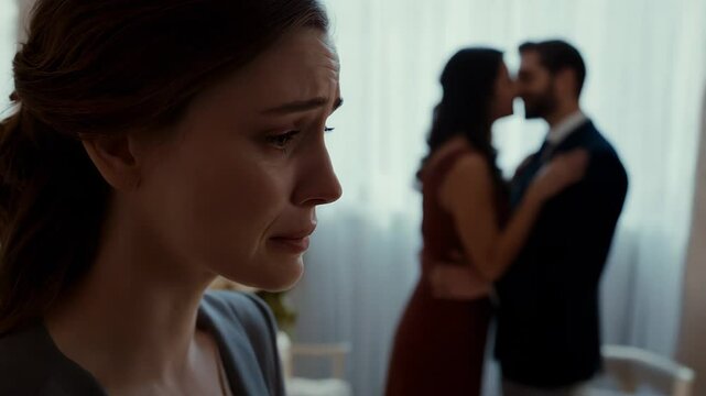 Sad woman feels pain from her husband cheating on her with another woman in the background. Emotional scene showing heartbreak and romantic betrayal. The concept of divorce and infidelity in marriage.