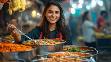 Fototapeta premium A woman is smiling and holding a spoon in front of a table full of food