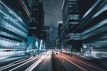 Obraz premium Night cityscape with traffic and illuminated skyscrapers in a bustling urban environment 