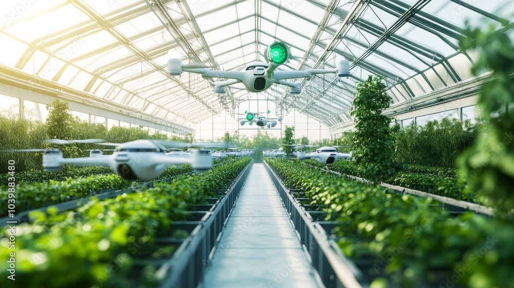 Poster a futuristic ai-powered agriculture greenhouse with vertical farming systems and automated harvestin