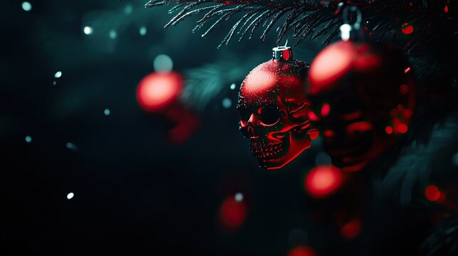 Skull-shaped ornaments on a dark Christmas tree, festive and eerie atmosphere.