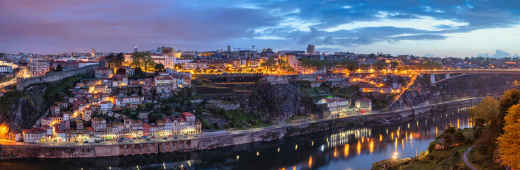 Porto Portugal, night panorama city skyline at Porto Ribeira and Douro River