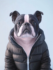 A bulldog in a black puffer jacket is a stylish outdoor image. The image is perfect for wallpaper, posters or art prints, combining a trendy, modern aesthetic with a cozy mood.