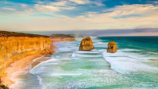 Top view of Gibson Steps by the Twelve Apostles in Port Campbell National Park on the Great Ocean Road, Victoria state, Australia.