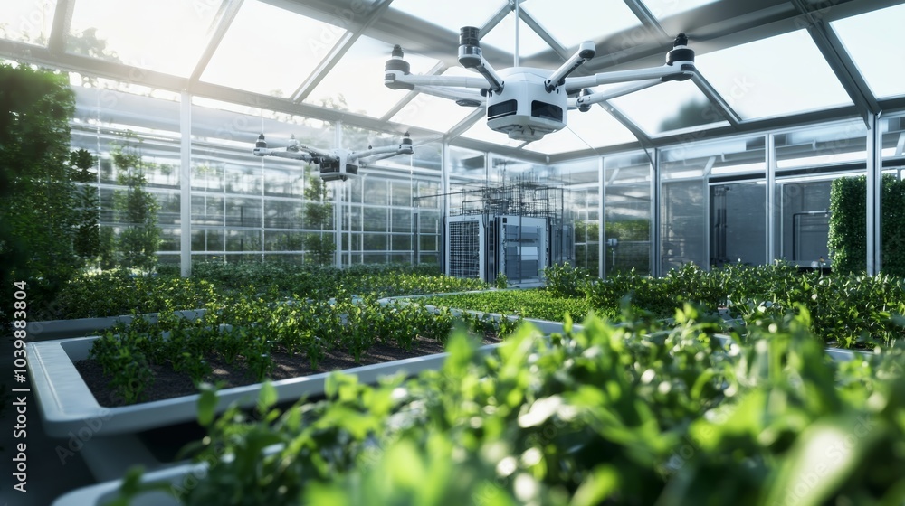 Poster a futuristic ai-powered agriculture greenhouse with vertical farming systems and automated harvestin