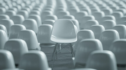 Obraz premium single white chair stands out among many in vast space, creating striking visual