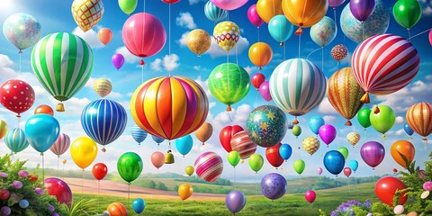Obraz premium Colorful Collection of Inflatable Balls and Balloons on String for Fun Celebrations and Events