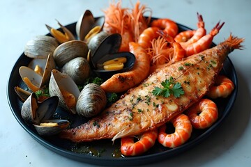 Seafood grilled on plate isolated on white background
