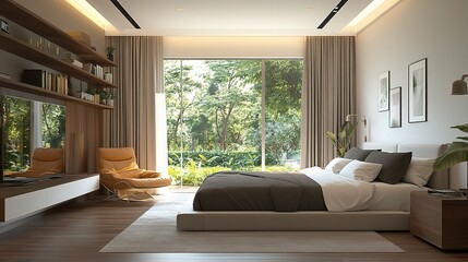 Fototapeta premium Modern Bedroom with Natural Light and Green View