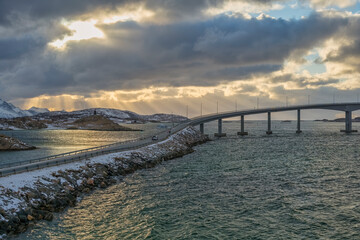 Obraz premium Tromso Norway sunset winter nature landscape at Sommaroy bridge