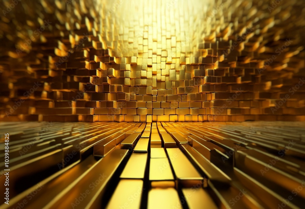 Poster Golden blocks create a wall with a glowing light coming from above and a patterned floor in the foreground.