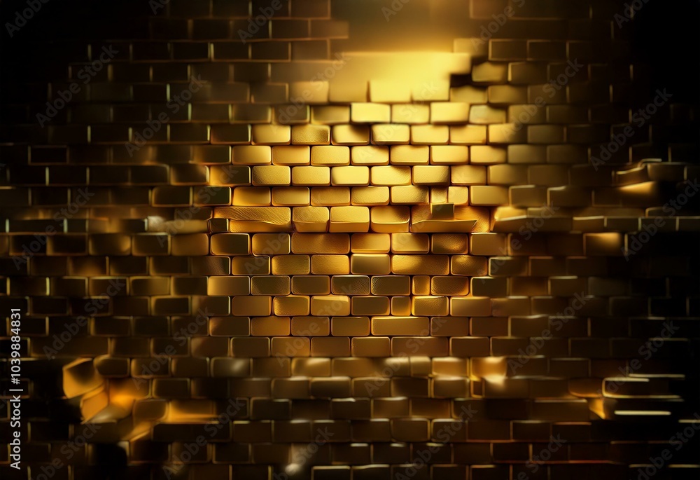 Poster a golden brick wall with some of the bricks broken, creating a hole in the center of the wall with l