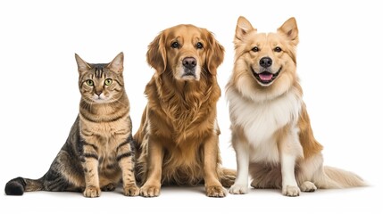 Fototapeta premium dogs and a cat are sitting together on a white background, one is smiling