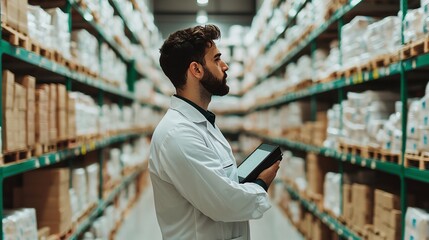Manager inspecting inventory with a scanner, rows of goods behind, soft natural light from windows, medium shot, focused and precise