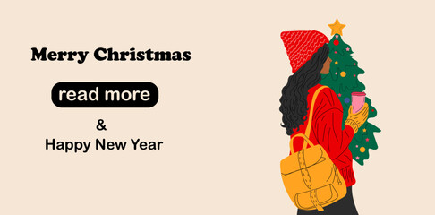 Web page design template. A girl in a hat with a backpack stands in front of a Christmas tree with a cup of coffee. Vector illustration for poster, banner, website development.