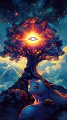 Third eye glowing with spiritual roots and branches, AI generated