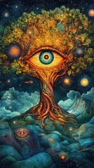 Third eye glowing with spiritual roots and branches, AI generated