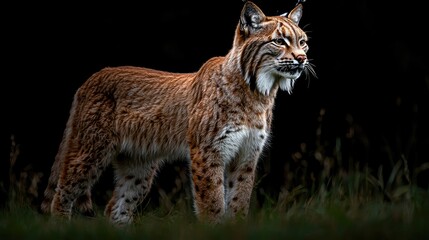 Obraz premium A lynx stands in a grassy field, its fur a mixture of brown, tan, and white. The lynx's head is turned to the right, and its eyes are wide with alertness.