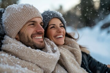 A happy couple dressed warmly in knit hats and scarves enjoy a joyful snowy day outdoors, smiling and embracing the winter season together.