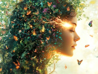 Woman with glowing third eye and ethereal colors, AI generated