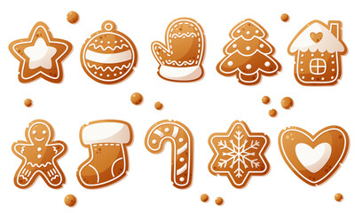 Large set of gingerbread cookies of different shapes. Christmas gingerbread, New Year cookies. Cookies are decorated with white icing on a classic golden brown gingerbread base. Vector illustration.