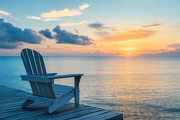 A lone wooden deck chair overlooks a calm ocean view at sunset.