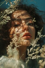 A woman surrounded by flowers, enjoying sunlight on her face with a sense of joy and connection to nature.