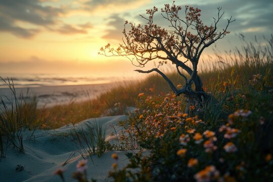Foggy Autumn Morning on Usedom Beach with Backlit Dead Tree and Flowers in Foreground