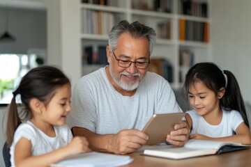 Obraz premium A tech-savvy grandfather and his two curious granddaughters are learning new things together from a tablet, embracing technology in a modern and stylish home setting.