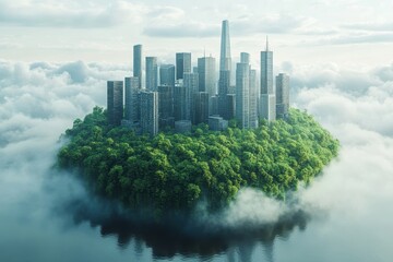 Fototapeta premium A futuristic city emerging from clouds on an isolated green island in the early morning light