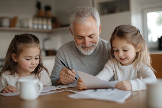 A smiling grandfather helps his two granddaughters with their studies at a kitchen table, where they are surrounded by books and mugs in a cozy and warm setting.