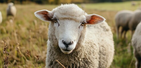 Fototapeta premium A cute sheep stands in a green field on a farm with other sheep visible nearby.