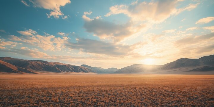An expansive barren landscape under a stunning sunset sky, gently rolling hills in the distant horizon, inviting tranquility.