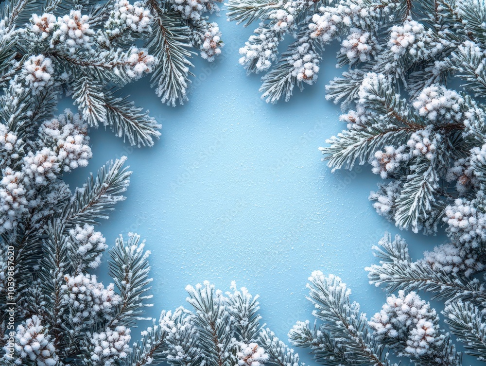 Wall mural winter's serene beauty captured in a minimalistic background, featuring fir tree branches dusted with snow, complemented by ample copy space for text or design