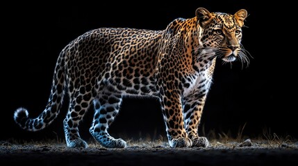 Obraz premium A majestic leopard stands in a dark environment, its spots illuminated by an unseen light source.
