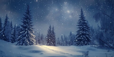 Winter night landscape trees snow snow-covered.