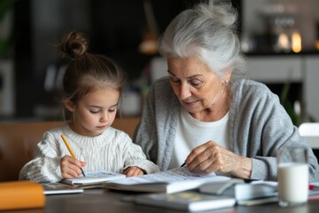Fototapeta premium A warm scene featuring an elderly lady helping a young girl with arts and crafts, illustrating love, patience, and teaching within a creative home environment.