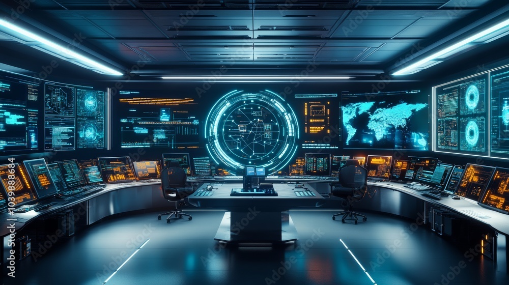 Fototapete A futuristic cybersecurity command center with threat detection algorithms and network monitoring systems, Security style, photo of