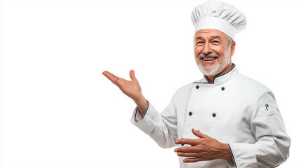Senior chef points his hand on a blank copy space on white background 