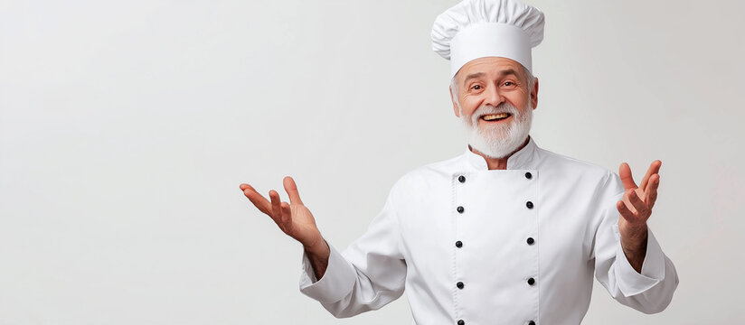 Happy senior chef with hands up, banner with copy space