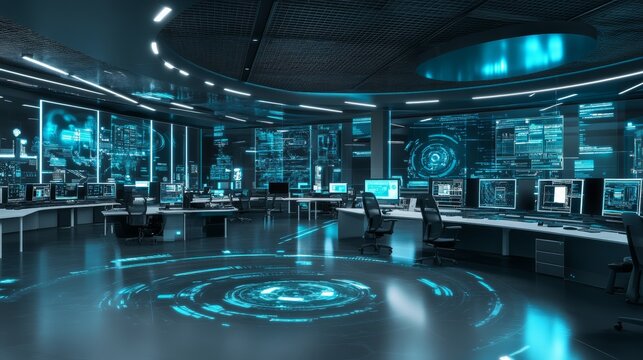 A futuristic cybersecurity command center with threat detection algorithms and network monitoring systems, Security style, photo of