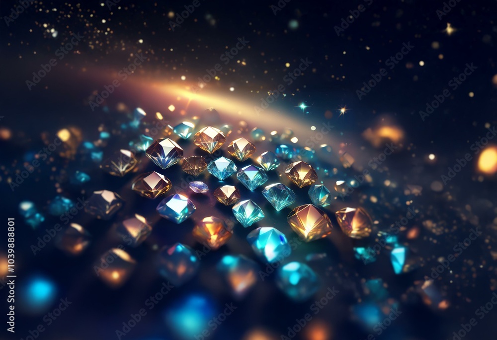 Poster shiny blue and gold diamonds are scattered on a dark background with sparkling particles.