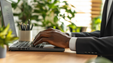 Businessman hands works on a laptop banner 