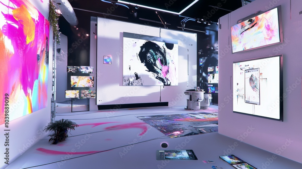 Poster a futuristic digital art studio with virtual reality painting tools and interactive digital canvases