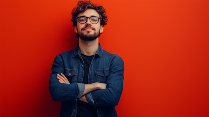 Fototapeta premium Confident nerdy young man on red background 
